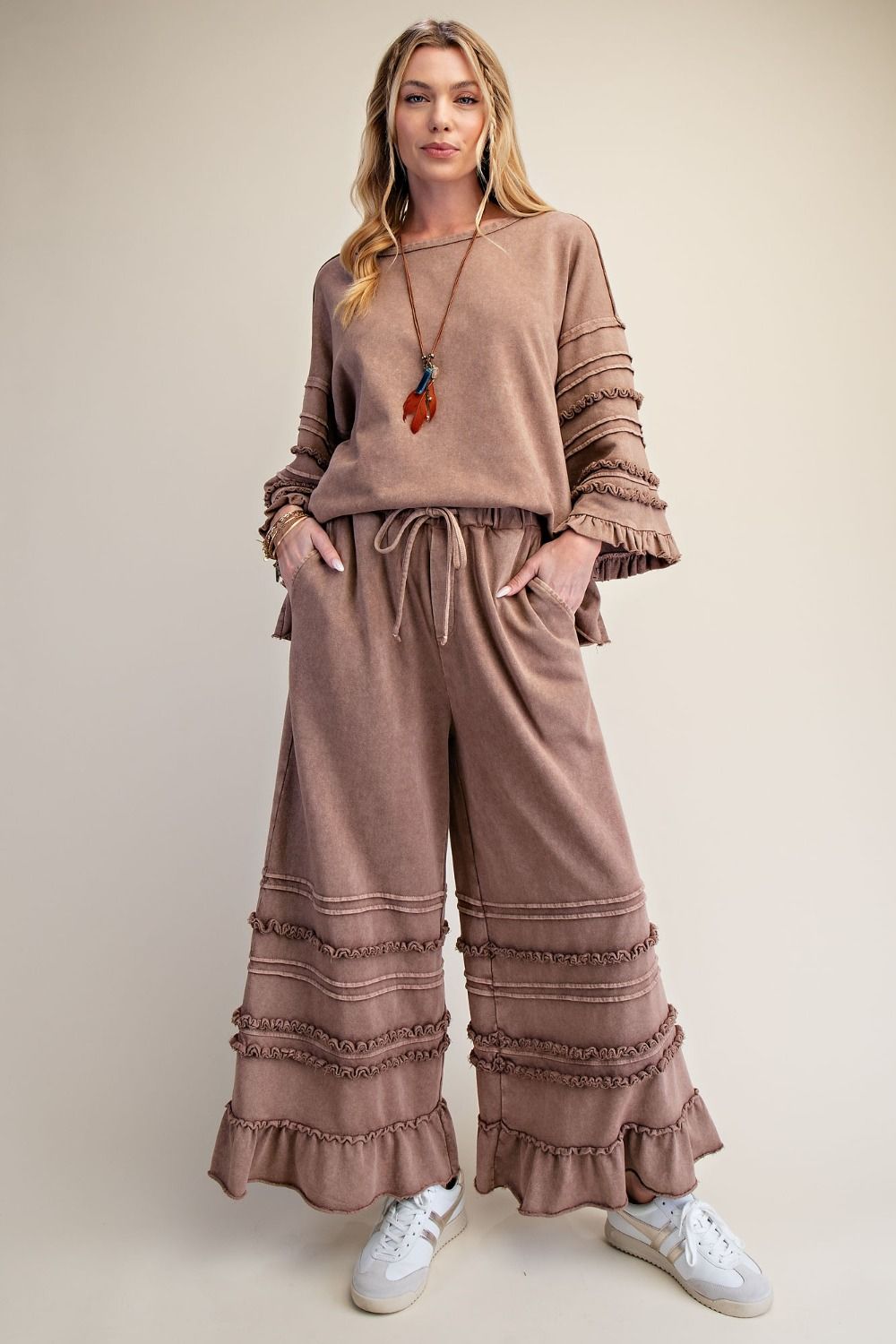 Easel Washed Terry Tiered Ruffle Wide Leg Pants