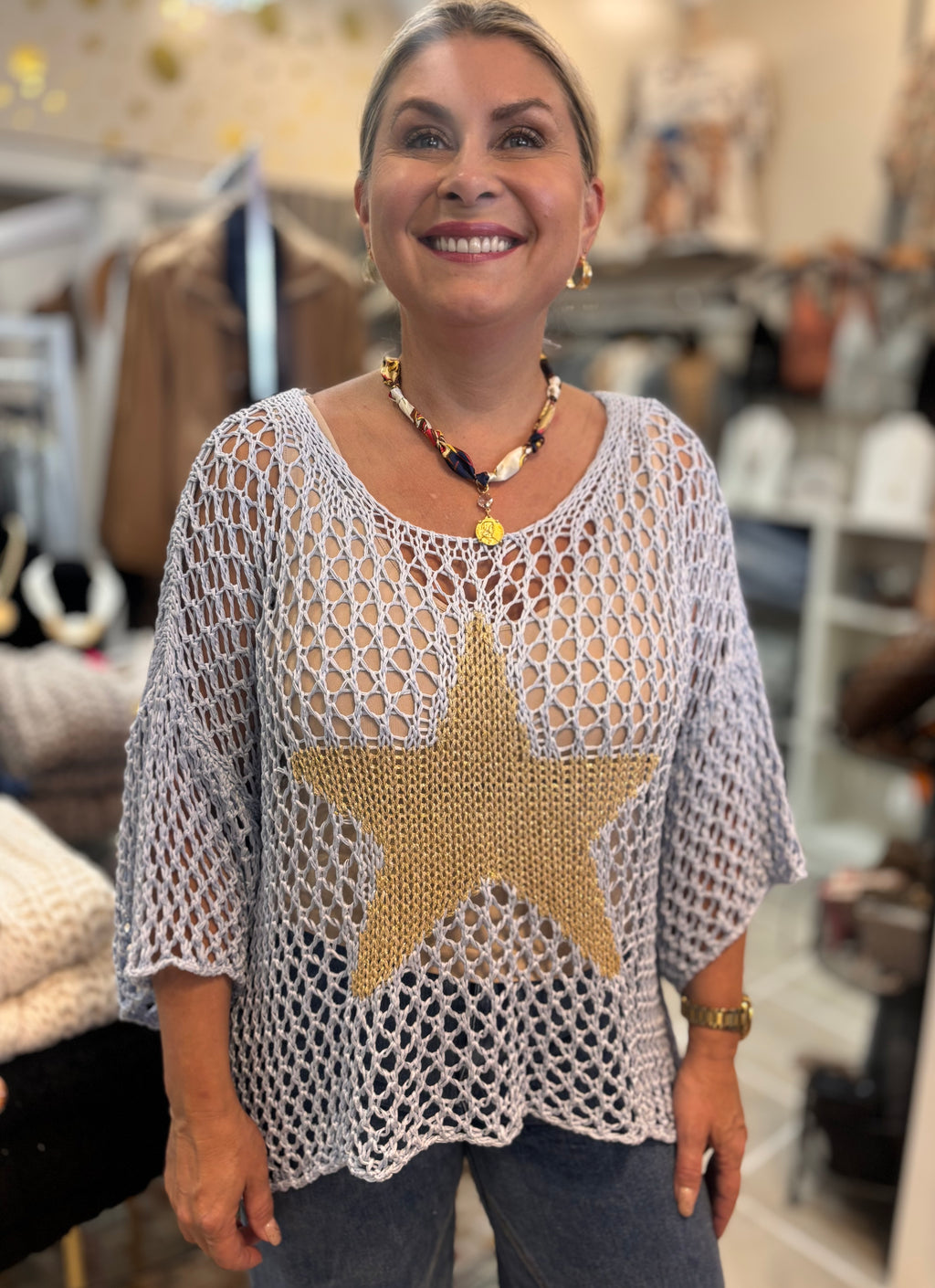Best-Selling Crochet Top with Metallic Gold Star