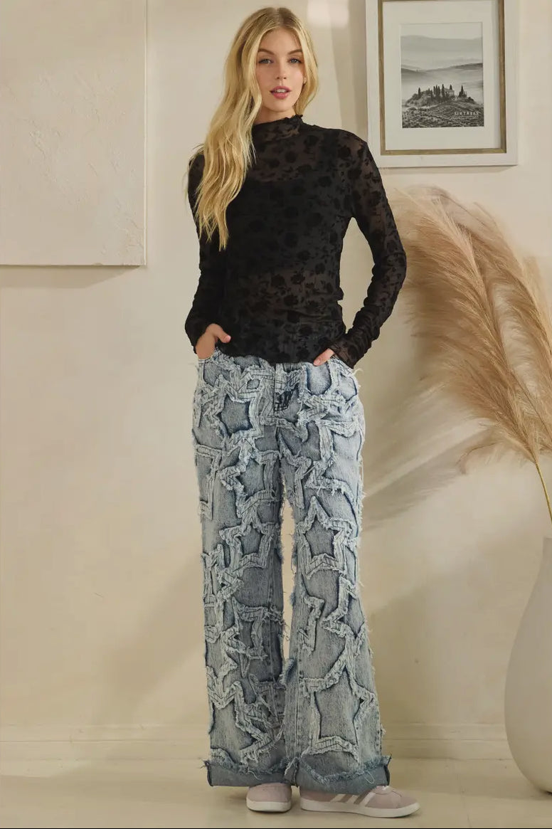 Textured Washed Star Patch Jeans