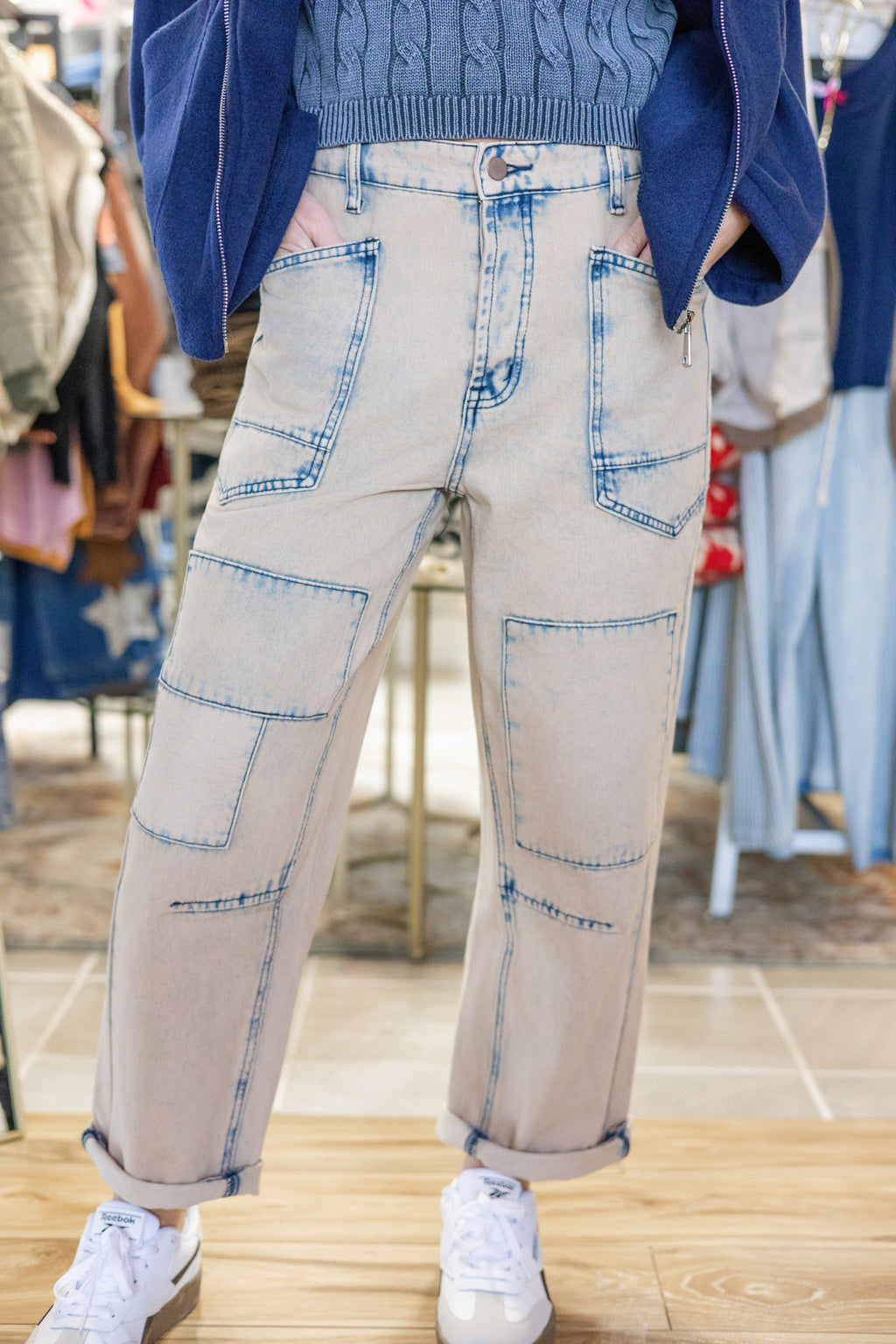 Easel Boho Indigo Outline Barrel Jeans