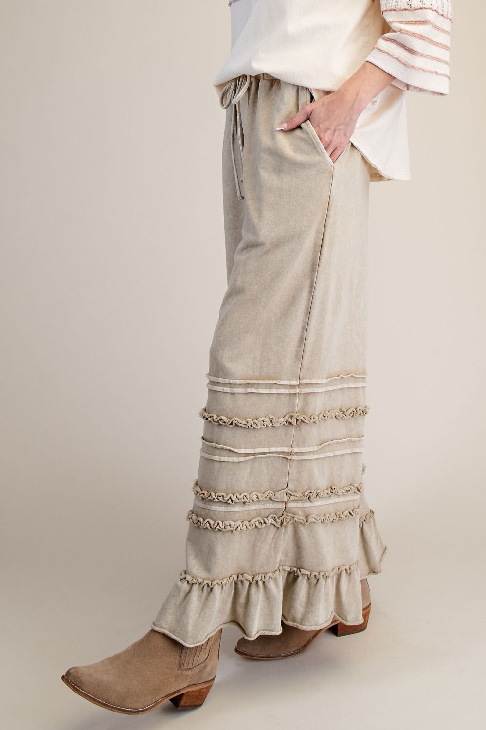 Easel Washed Terry Tiered Ruffle Wide Leg Pants