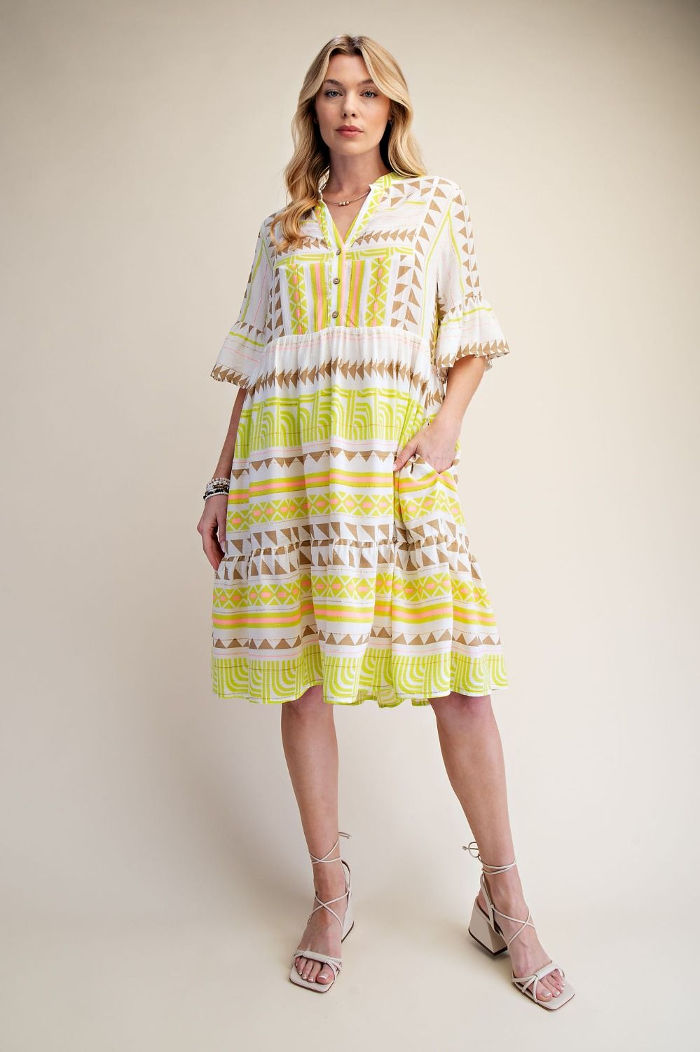 Easel 3/4 Sleeve Ethnic Print Gauze Dress