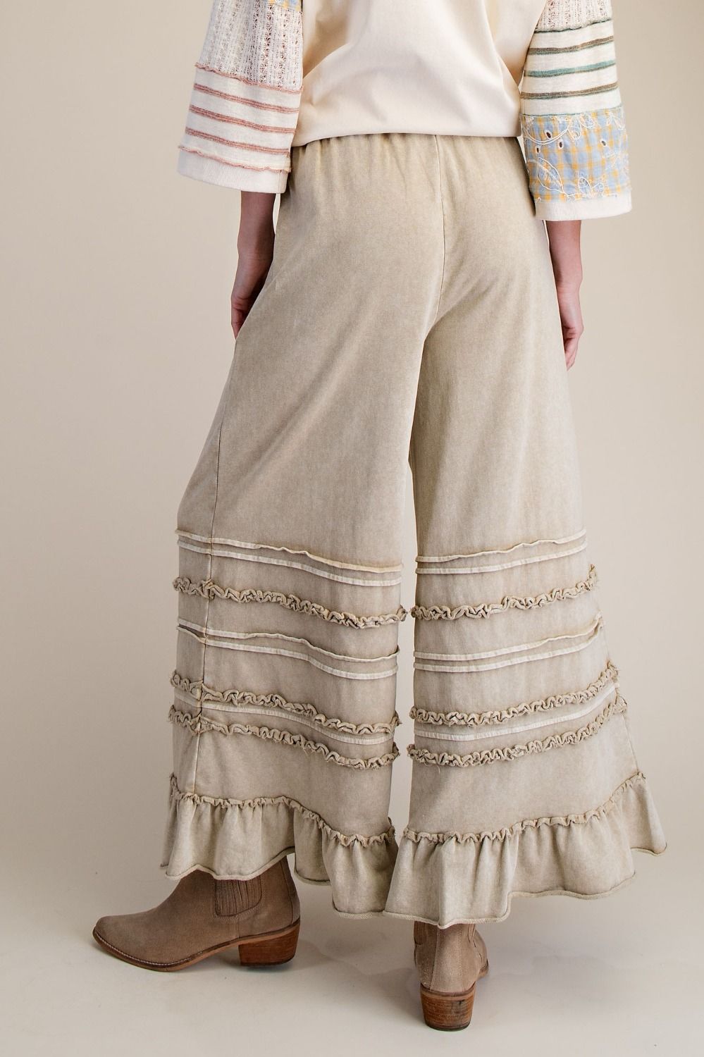 Easel Washed Terry Tiered Ruffle Wide Leg Pants