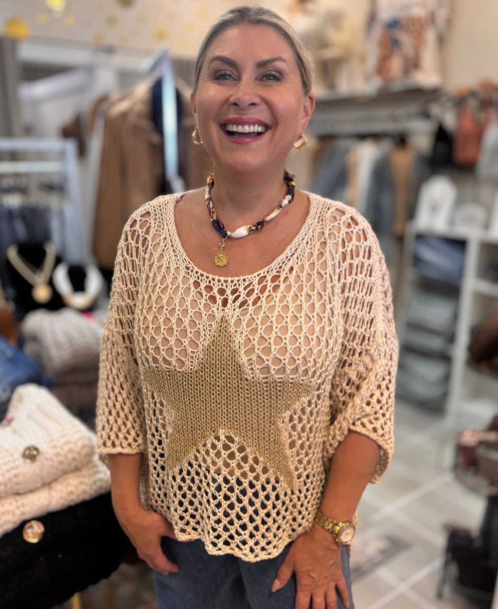 Best-Selling Crochet Top with Metallic Gold Star