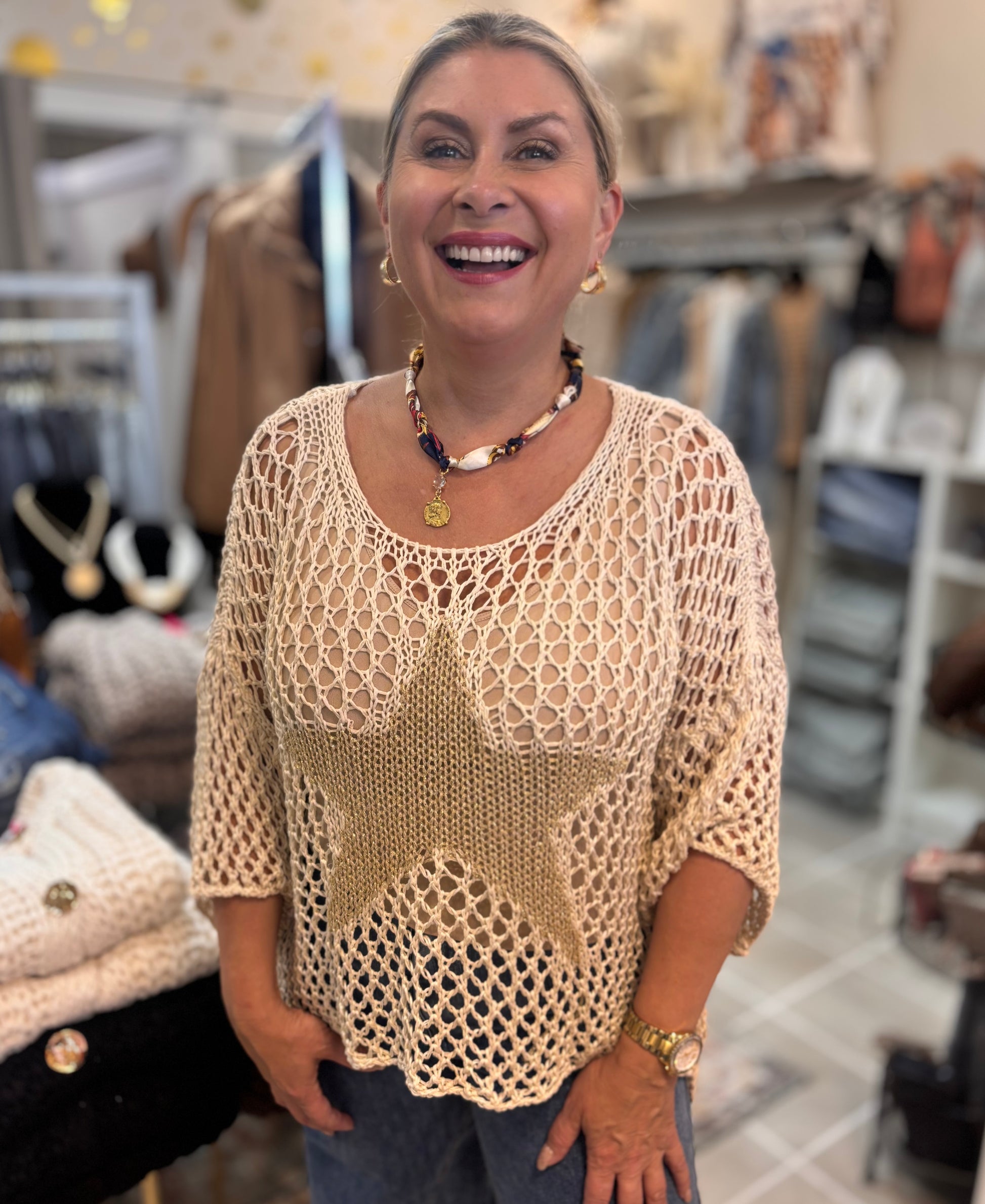 Best-Selling Crochet Top with Metallic Gold Star