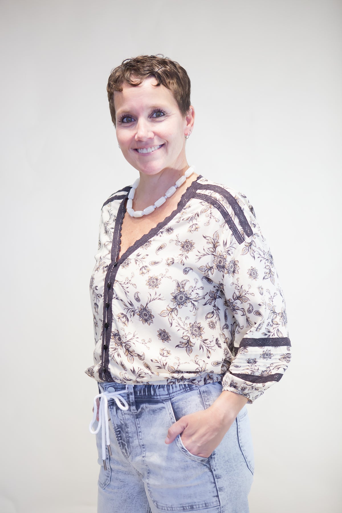 Maren Lace Trim Button-Front Top
