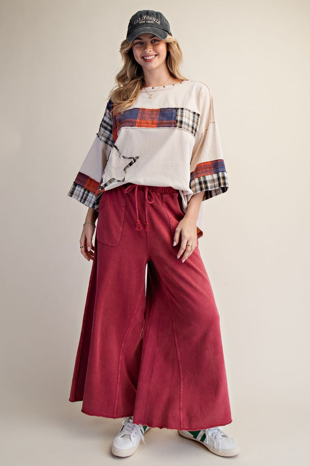 EASEL Washed Terry Wide Leg Pants