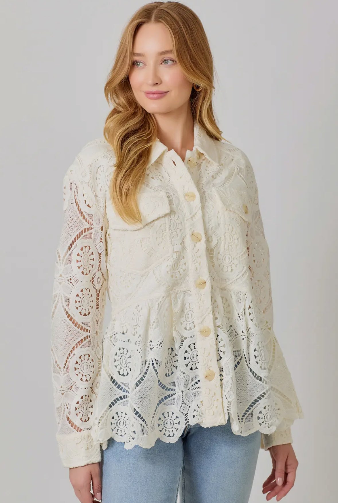 Roxana Lace Peplum Jacket in Warm White