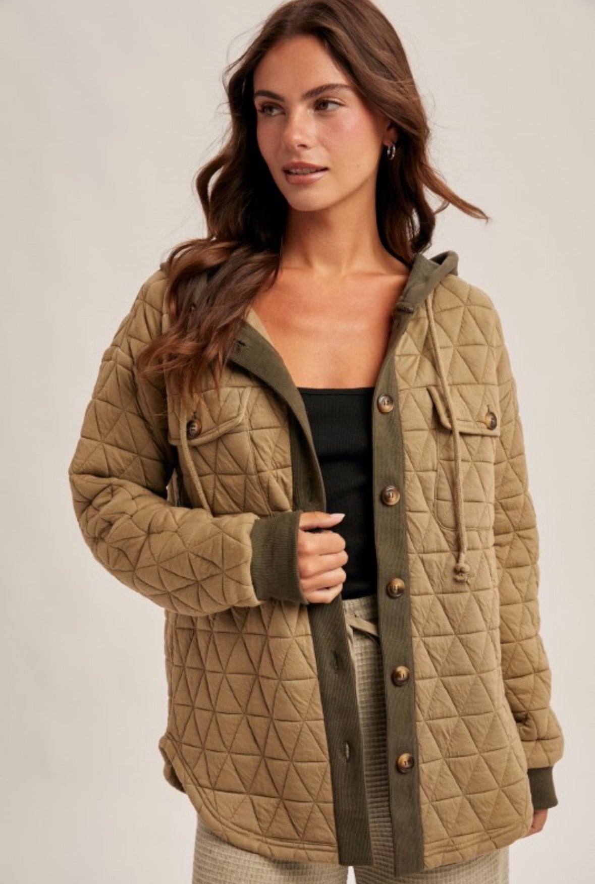 Latte Button Up Jacket w/ Hoodie