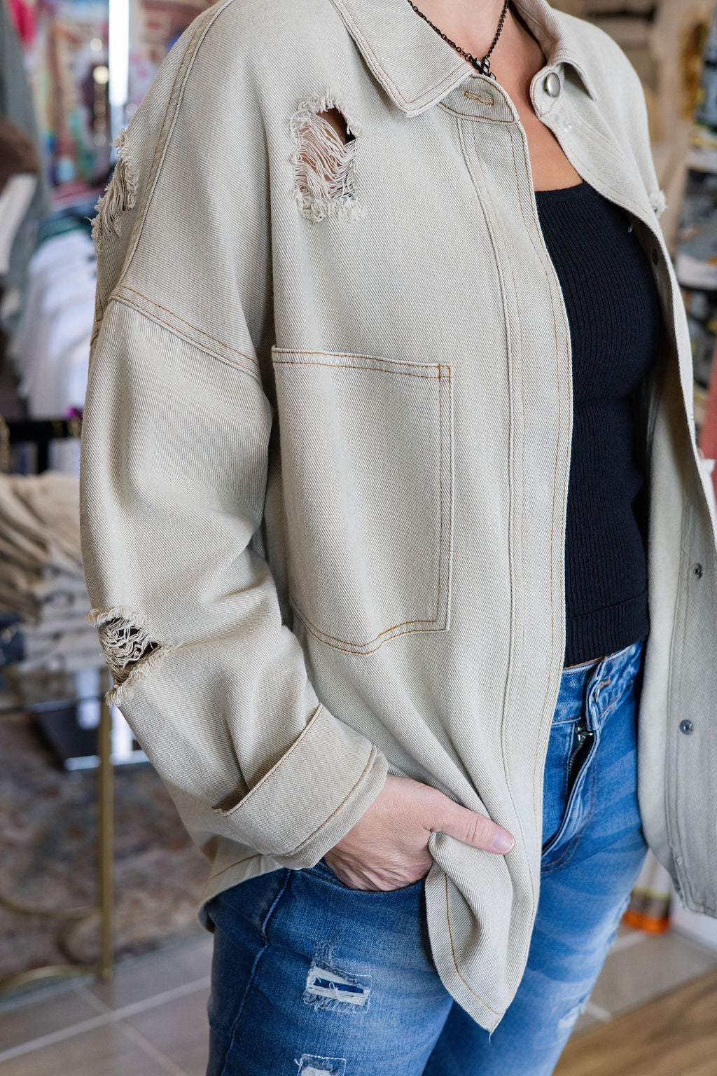 L.O.V.E distressed denim jacket