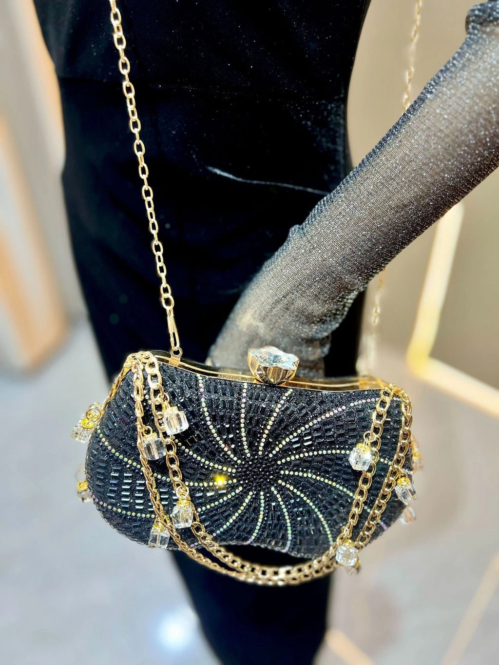 Crystal Clutch Bag with Beaded Chain Strap