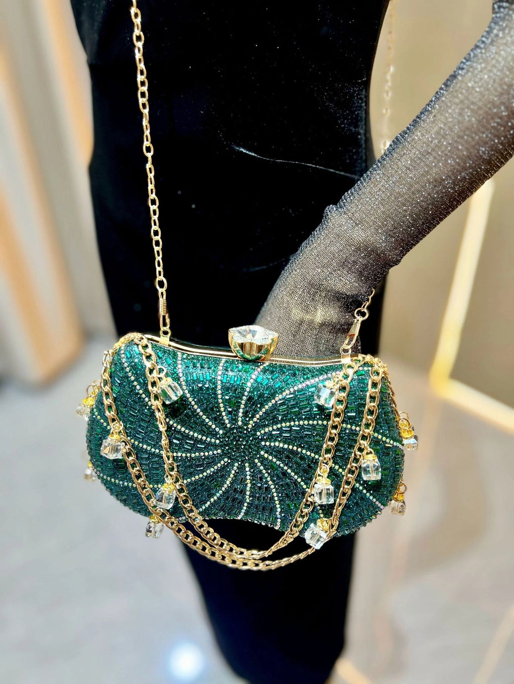 Crystal Clutch Bag with Beaded Chain Strap
