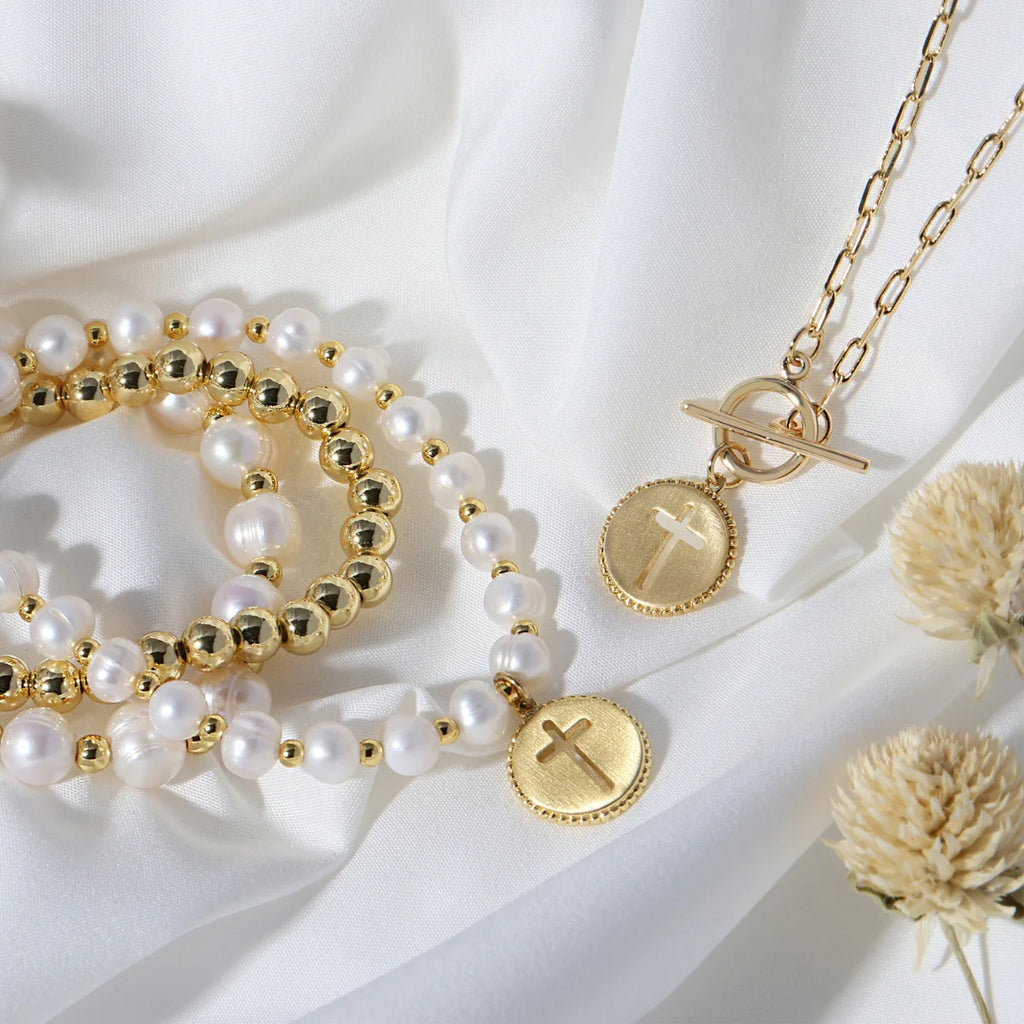 Pearl with Cross Bracelet