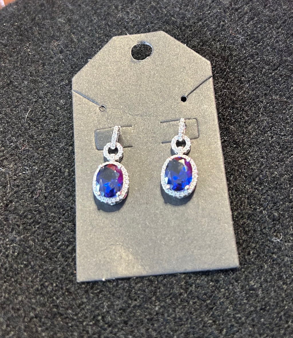 Halo Sapphire-Blue Cubic Zirconia Dangle Earring
