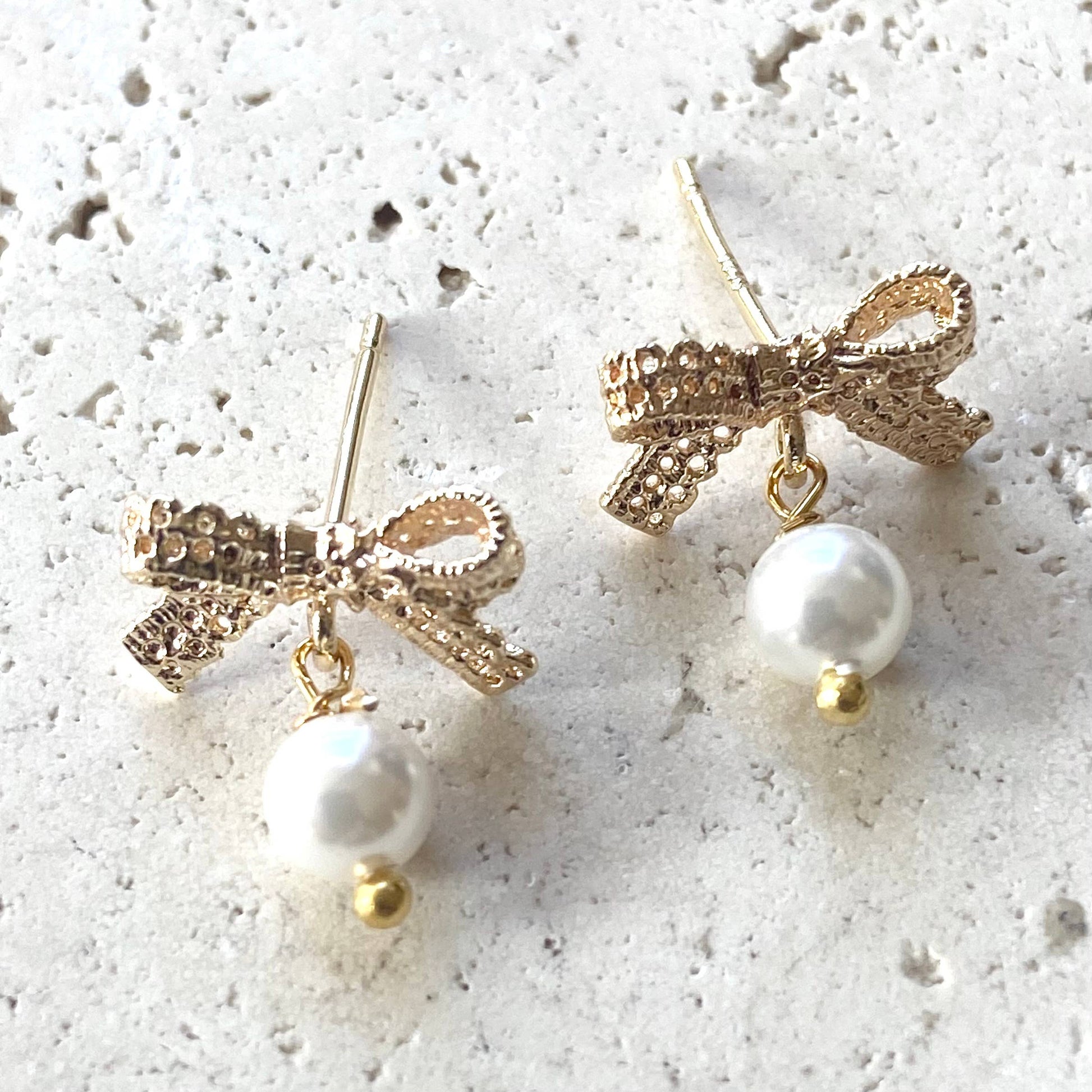 Bow Ribbon Lace Pearl Studs