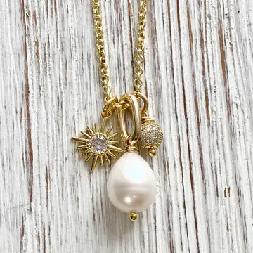 Fresh Water Pearl, Sun, Micro Pave Necklace