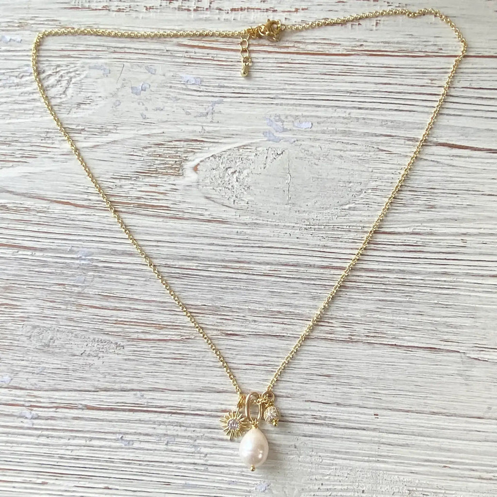 Fresh Water Pearl, Sun, Micro Pave Necklace