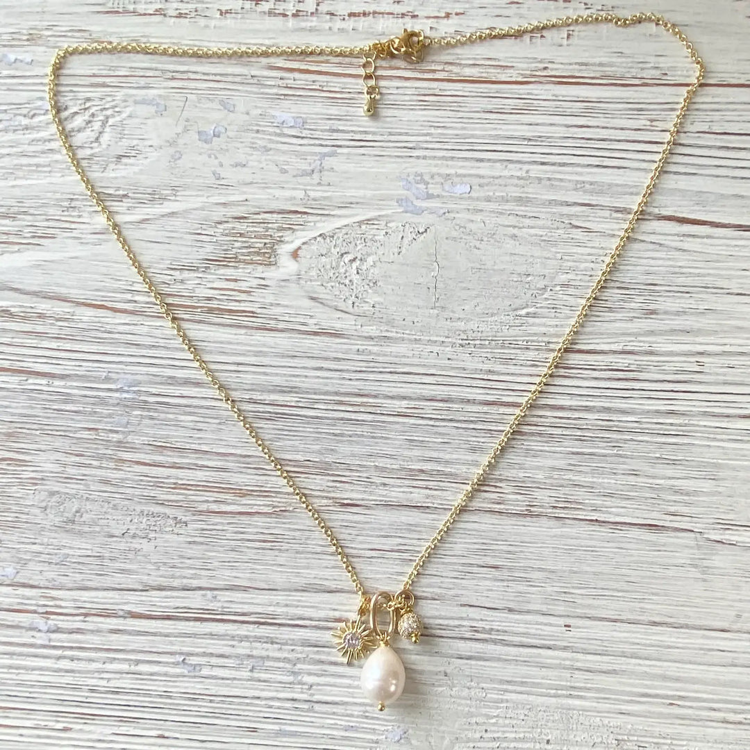 Fresh Water Pearl, Sun, Micro Pave Necklace