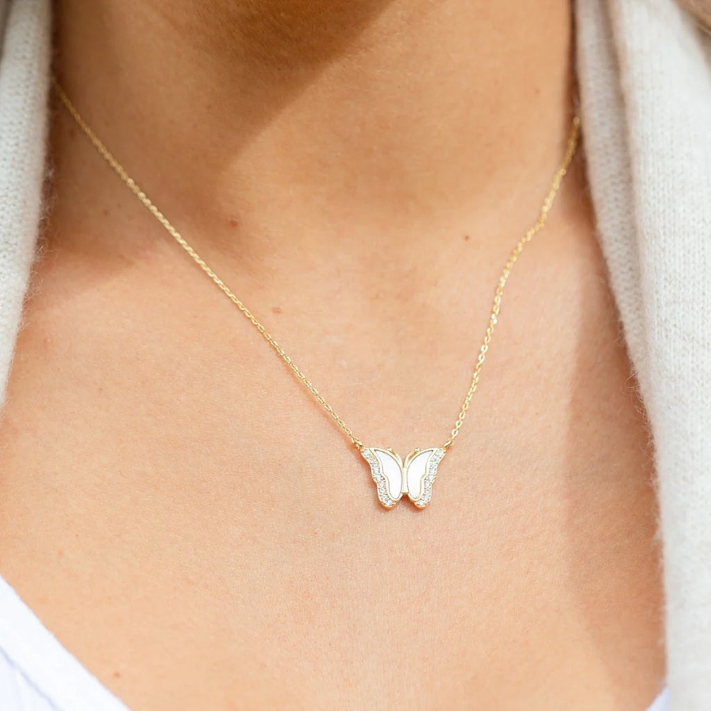 Splendid Iris Sweet Shell Pave Butterfly Necklace