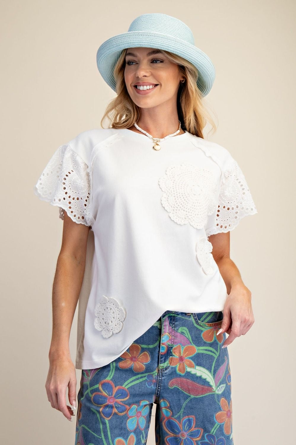 EASEL Crochet Patch Front Washed Terry Top