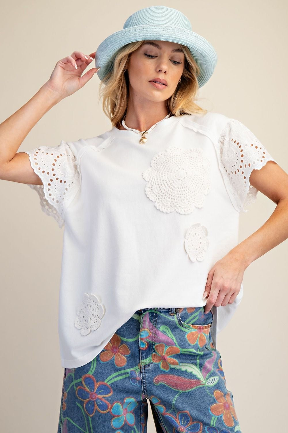 EASEL Crochet Patch Front Washed Terry Top
