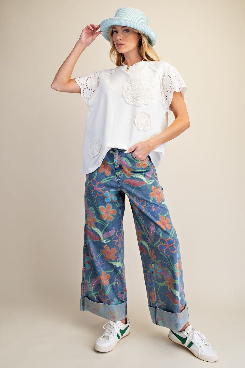 EASEL Crochet Patch Front Washed Terry Top