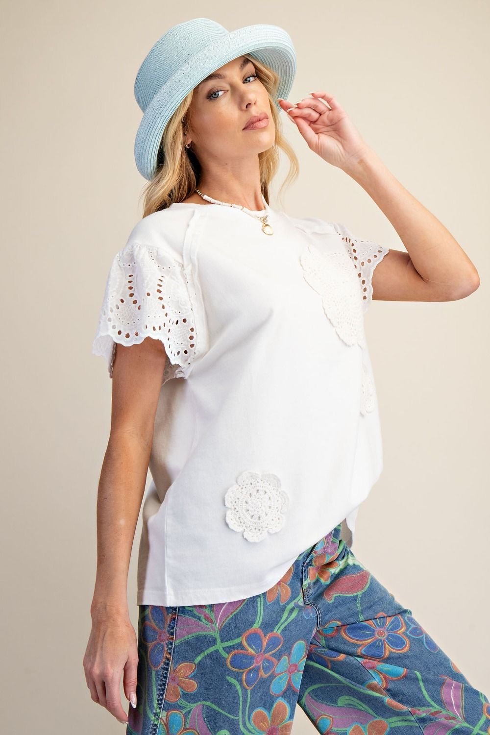 EASEL Crochet Patch Front Washed Terry Top