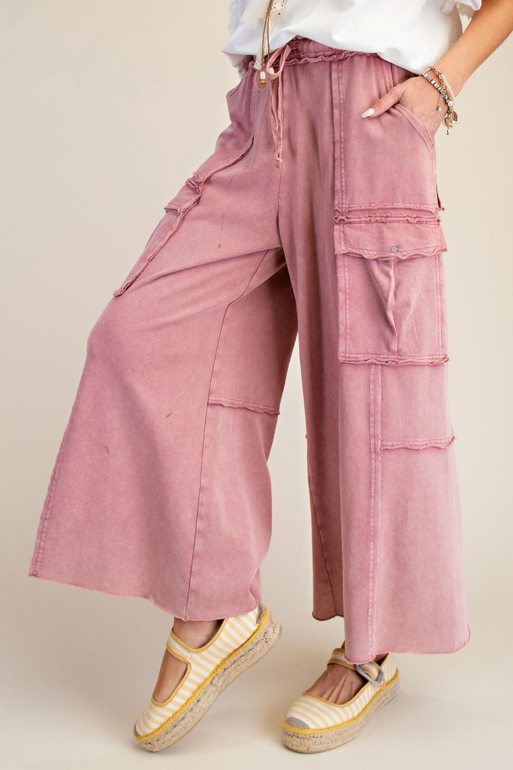 EASEL Wide Leg Terry Cargo Pants