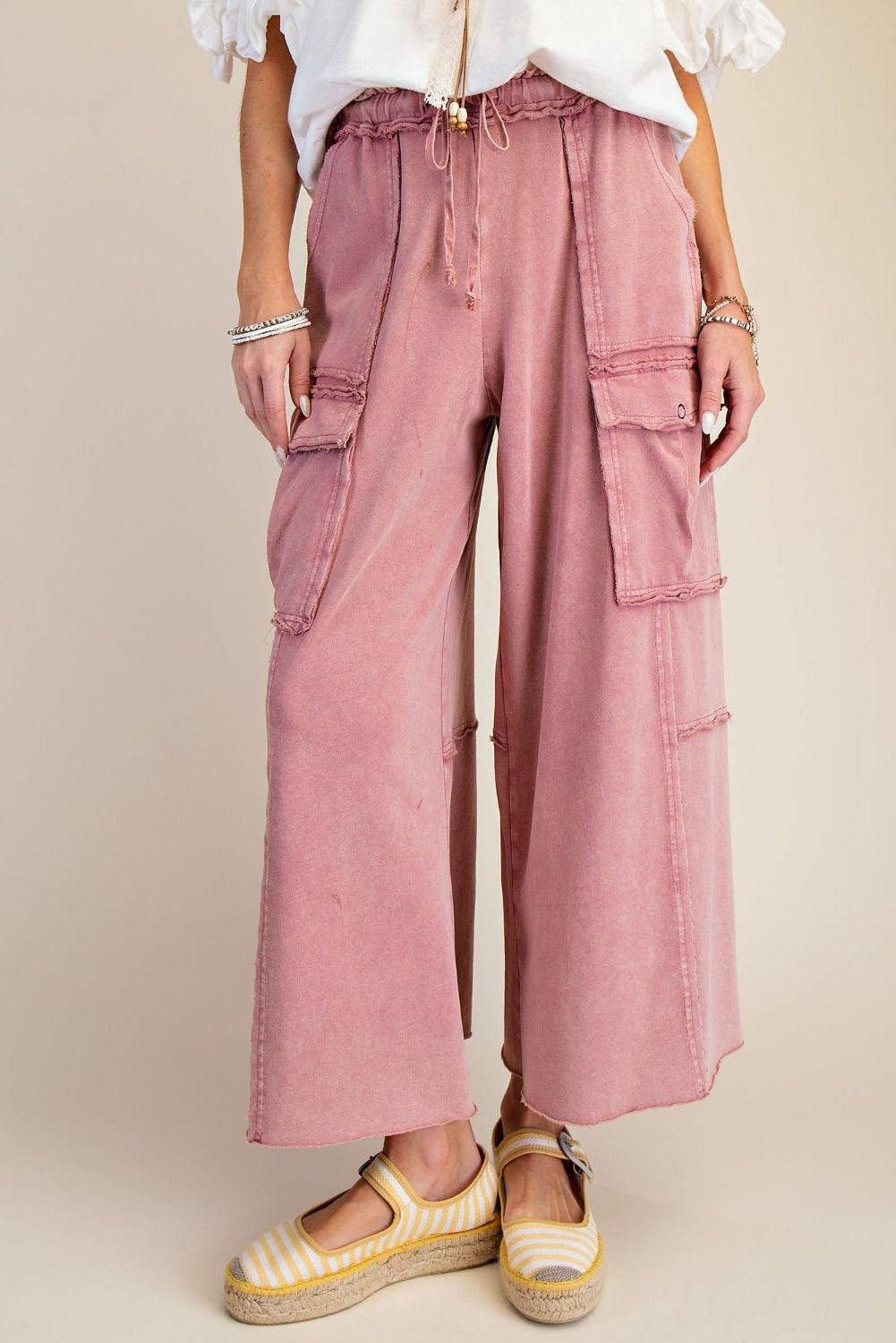 EASEL Wide Leg Terry Cargo Pants