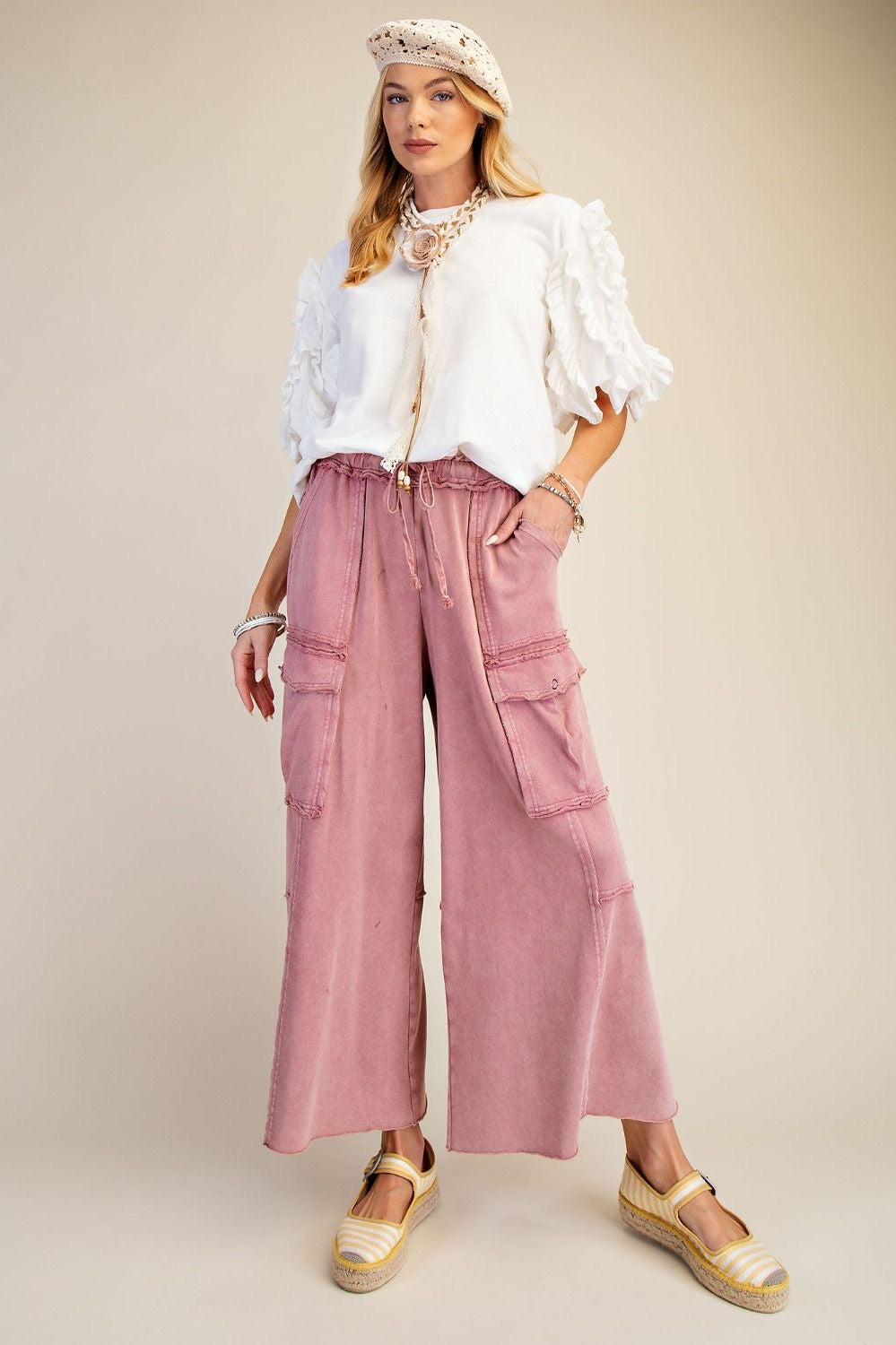 EASEL Wide Leg Terry Cargo Pants