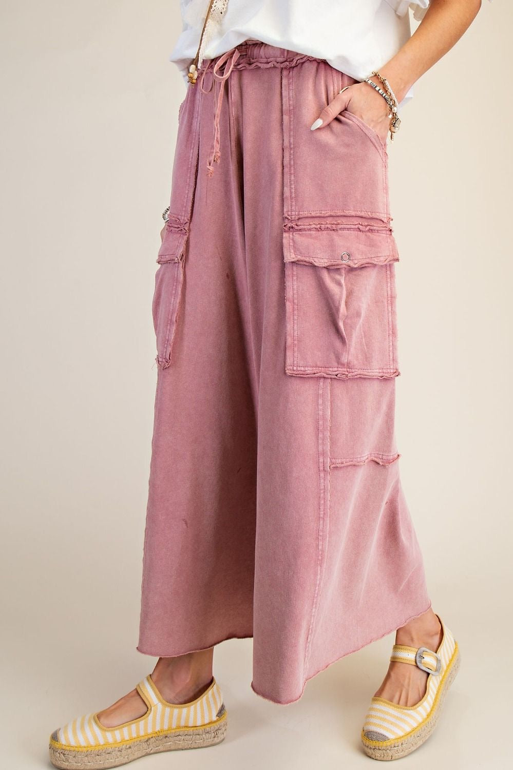 EASEL Wide Leg Terry Cargo Pants