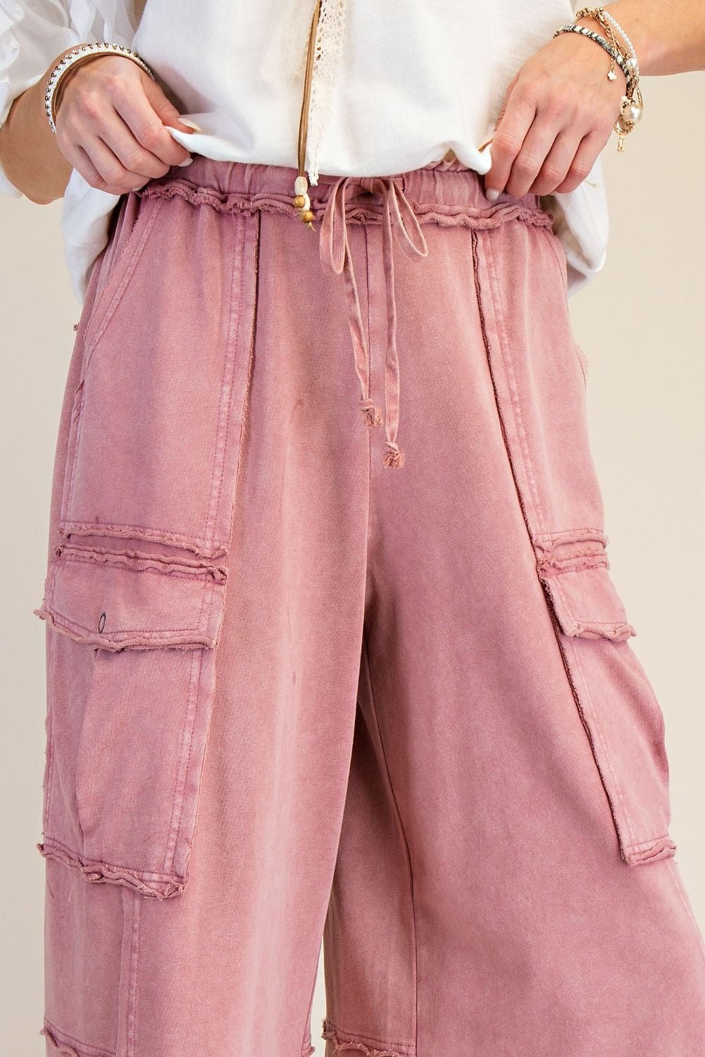 EASEL Wide Leg Terry Cargo Pants