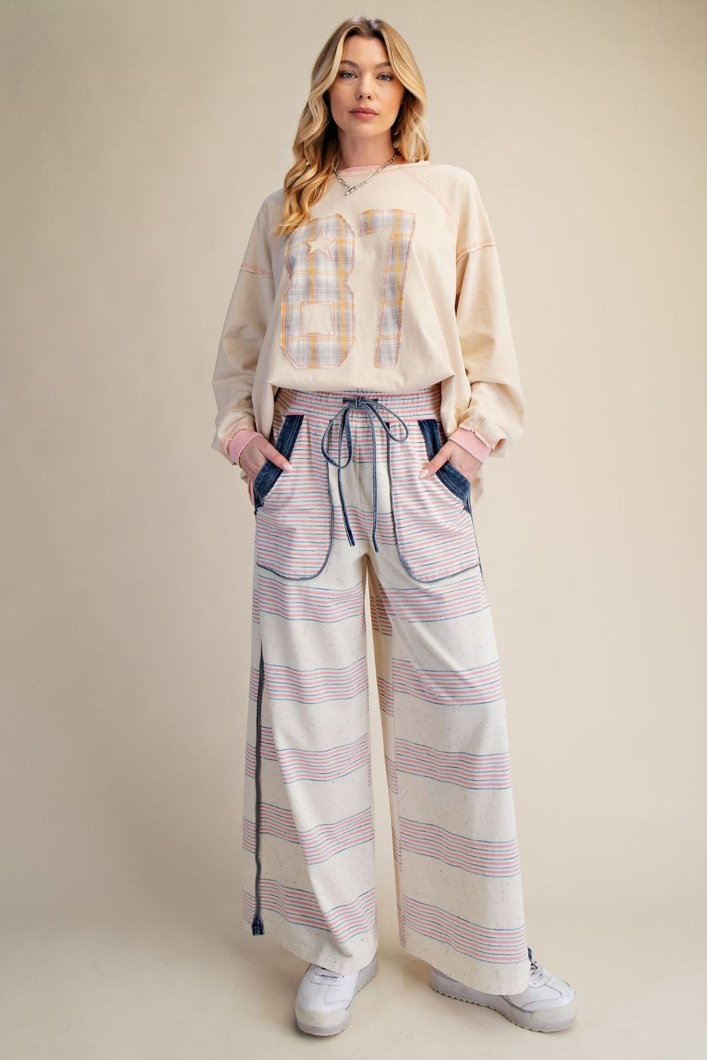 EASEL Melangie Stripe Knit Pants w/ Heart Detail