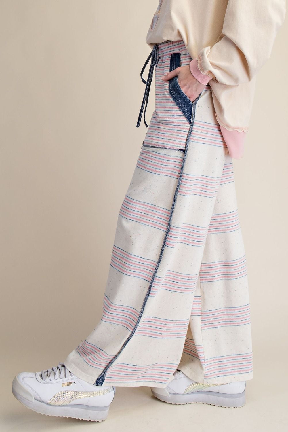EASEL Melangie Stripe Knit Pants w/ Heart Detail