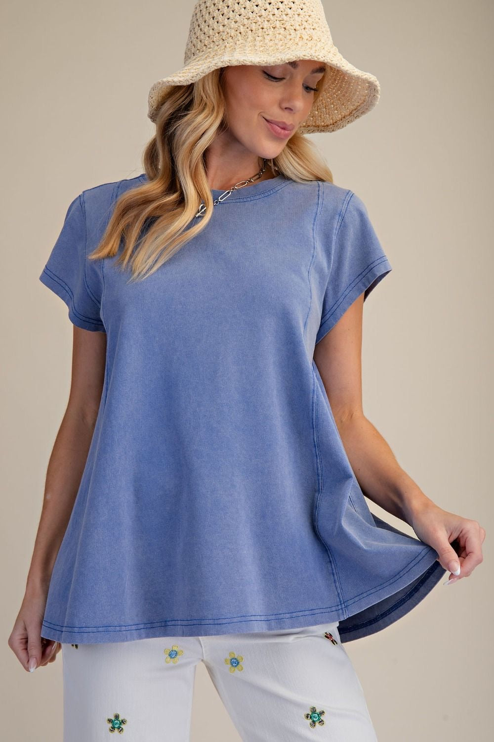 EASEL Short Sleeve Washed Cotton Top