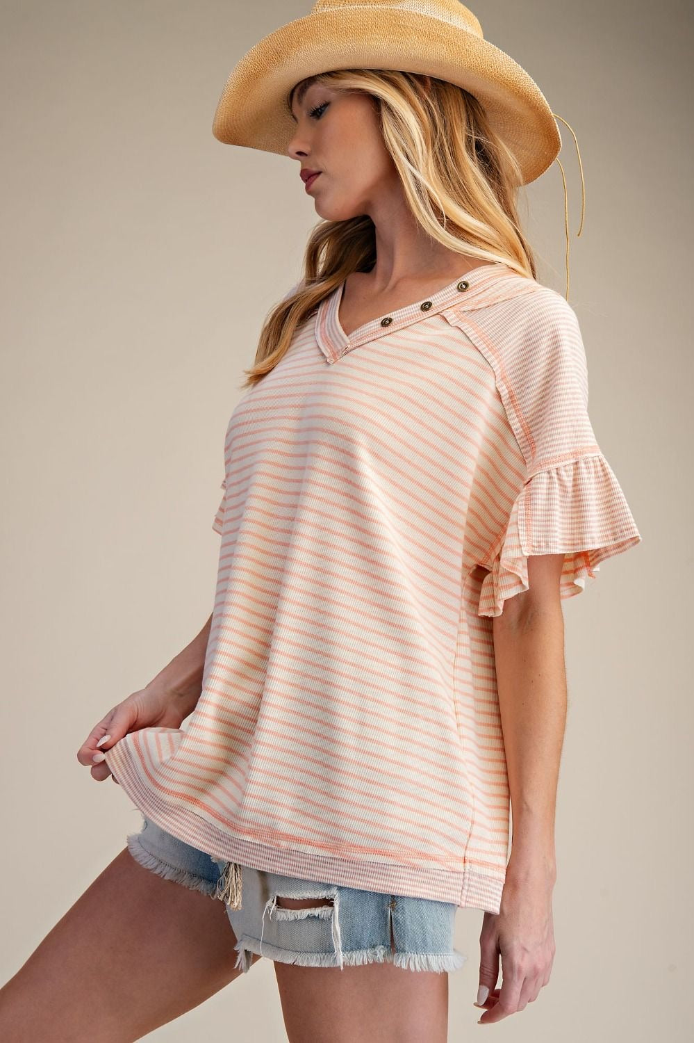 EASEL 3/4 Sleeve Striped Knit V-Neck