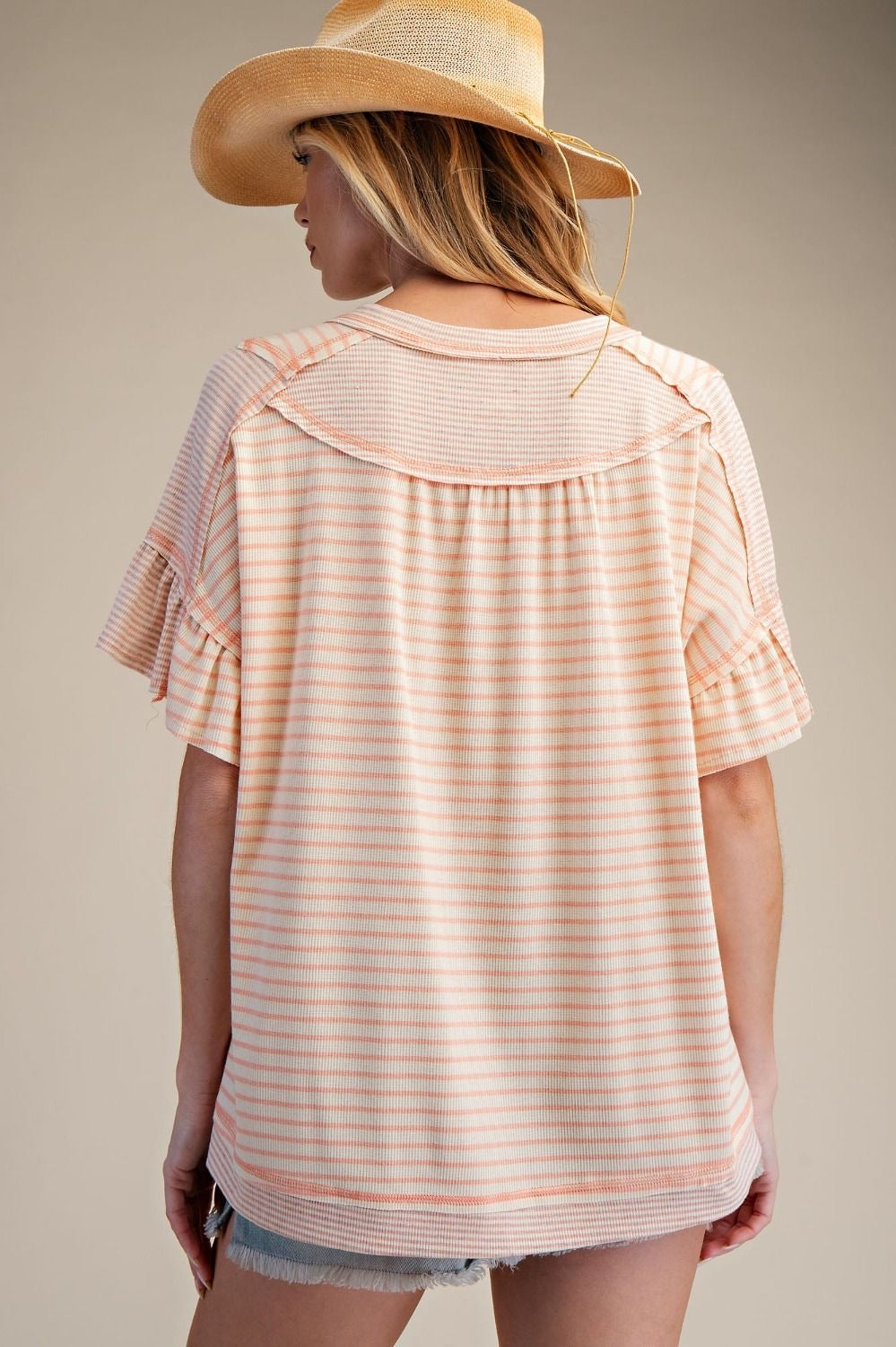 EASEL 3/4 Sleeve Striped Knit V-Neck