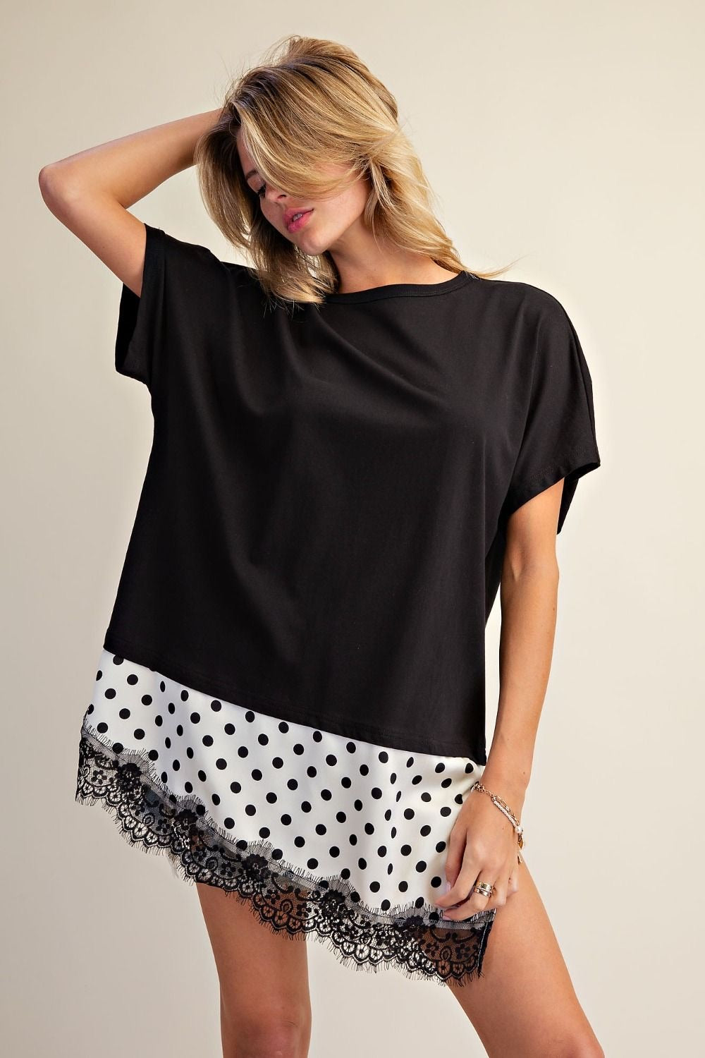 EASEL Polka Dot Satin Lace Bottom Tunic