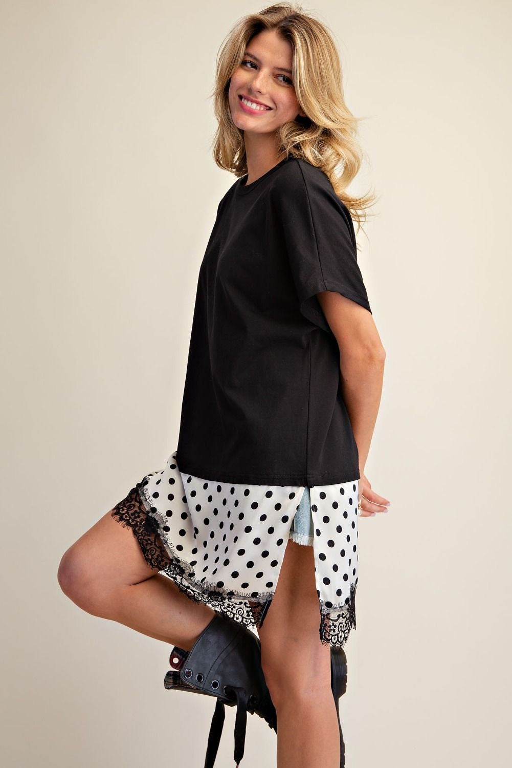 EASEL Polka Dot Satin Lace Bottom Tunic
