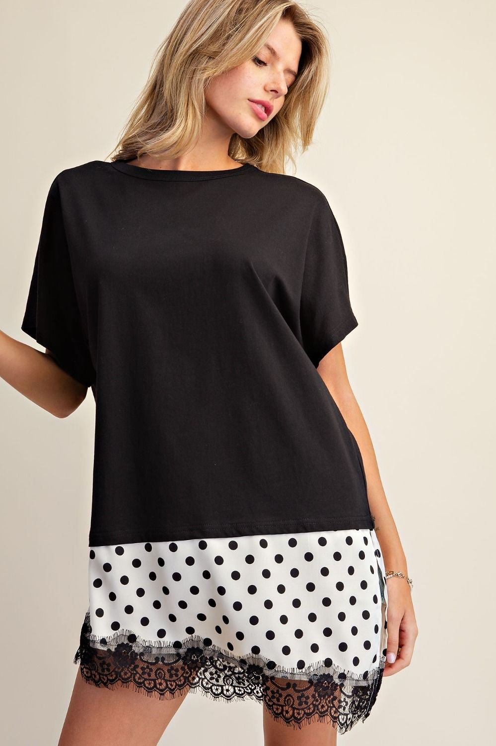 EASEL Polka Dot Satin Lace Bottom Tunic