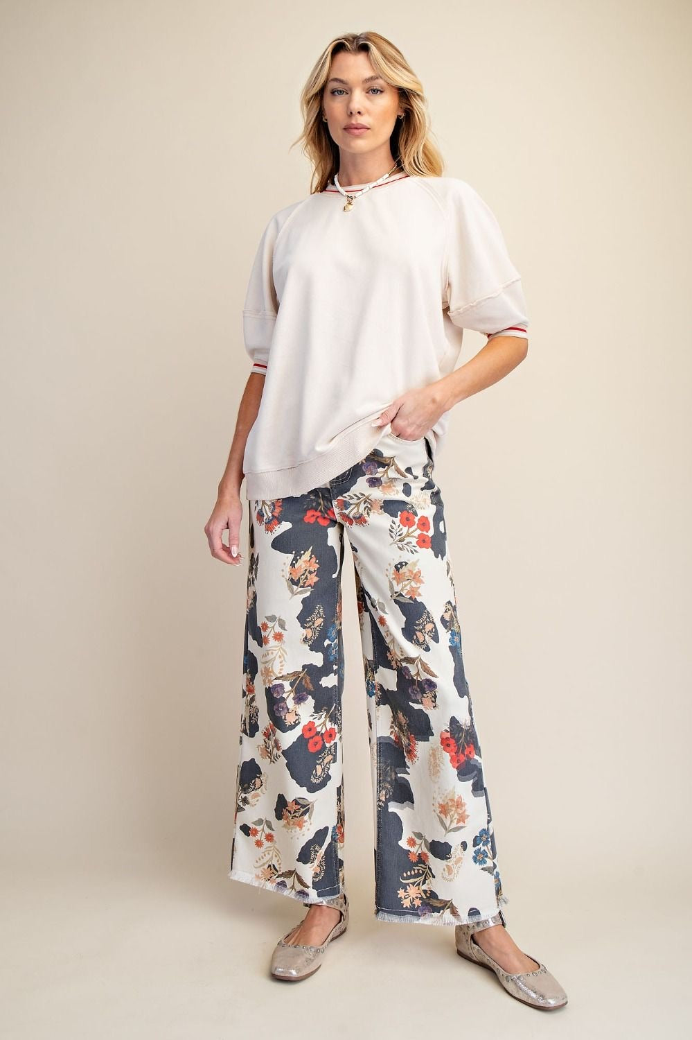 EASEL Washed Terry Banded Bottom Pullover Top
