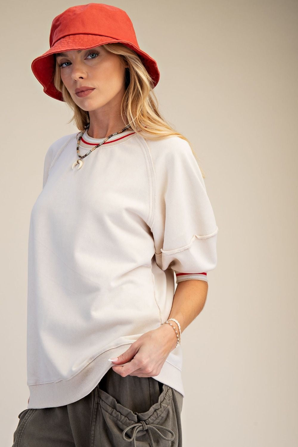 EASEL Washed Terry Banded Bottom Pullover Top