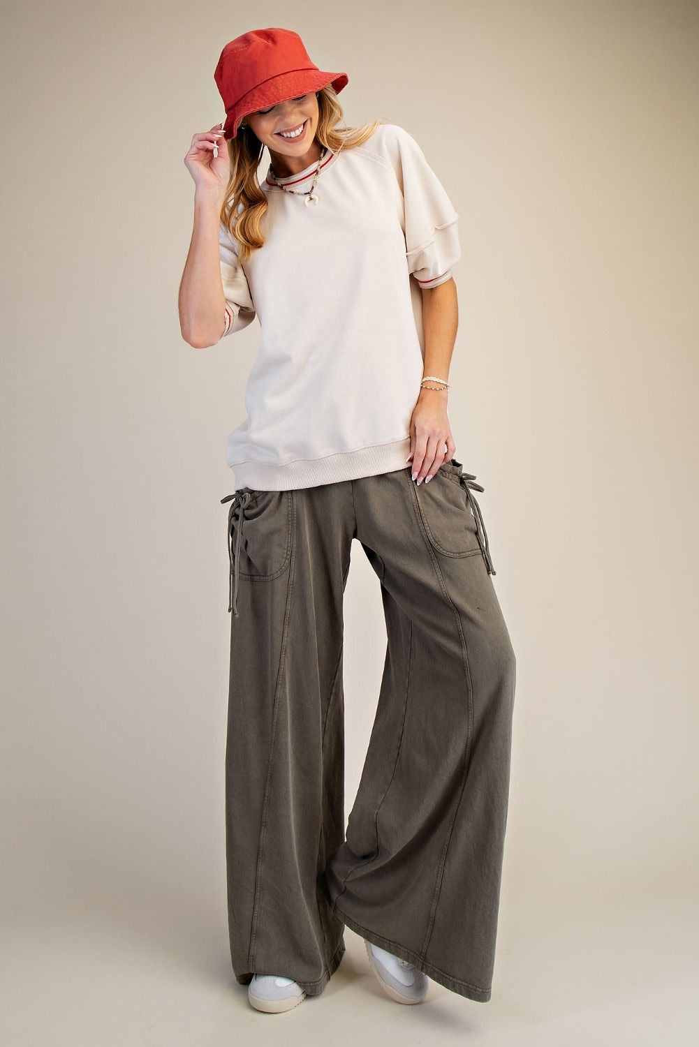 EASEL Washed Terry Banded Bottom Pullover Top