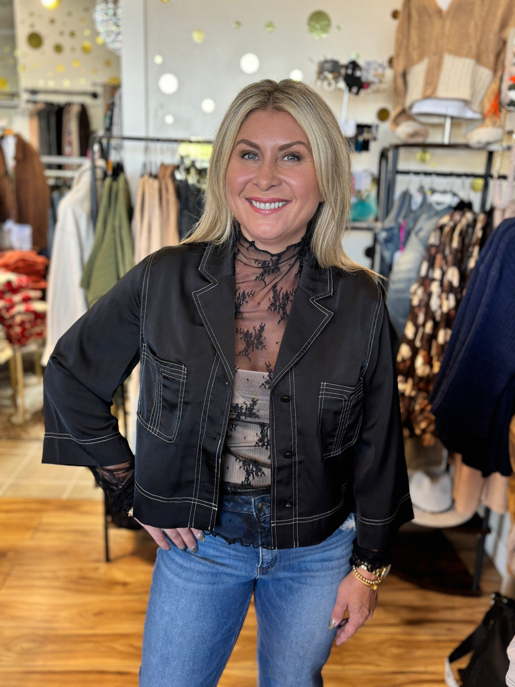 Demi Satin Button Down Jacket - Black with White Contrast