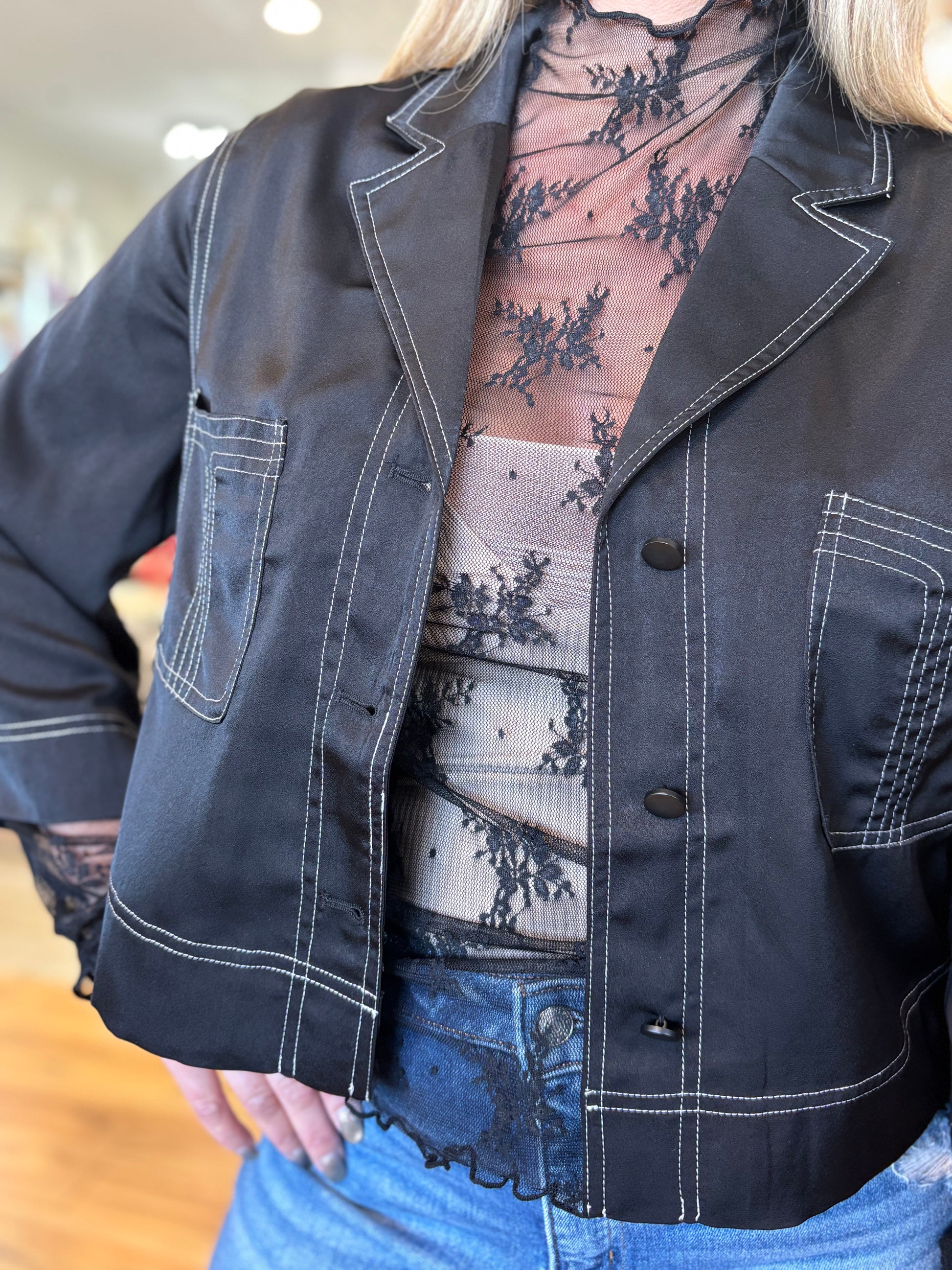 Demi Satin Button Down Jacket - Black with White Contrast
