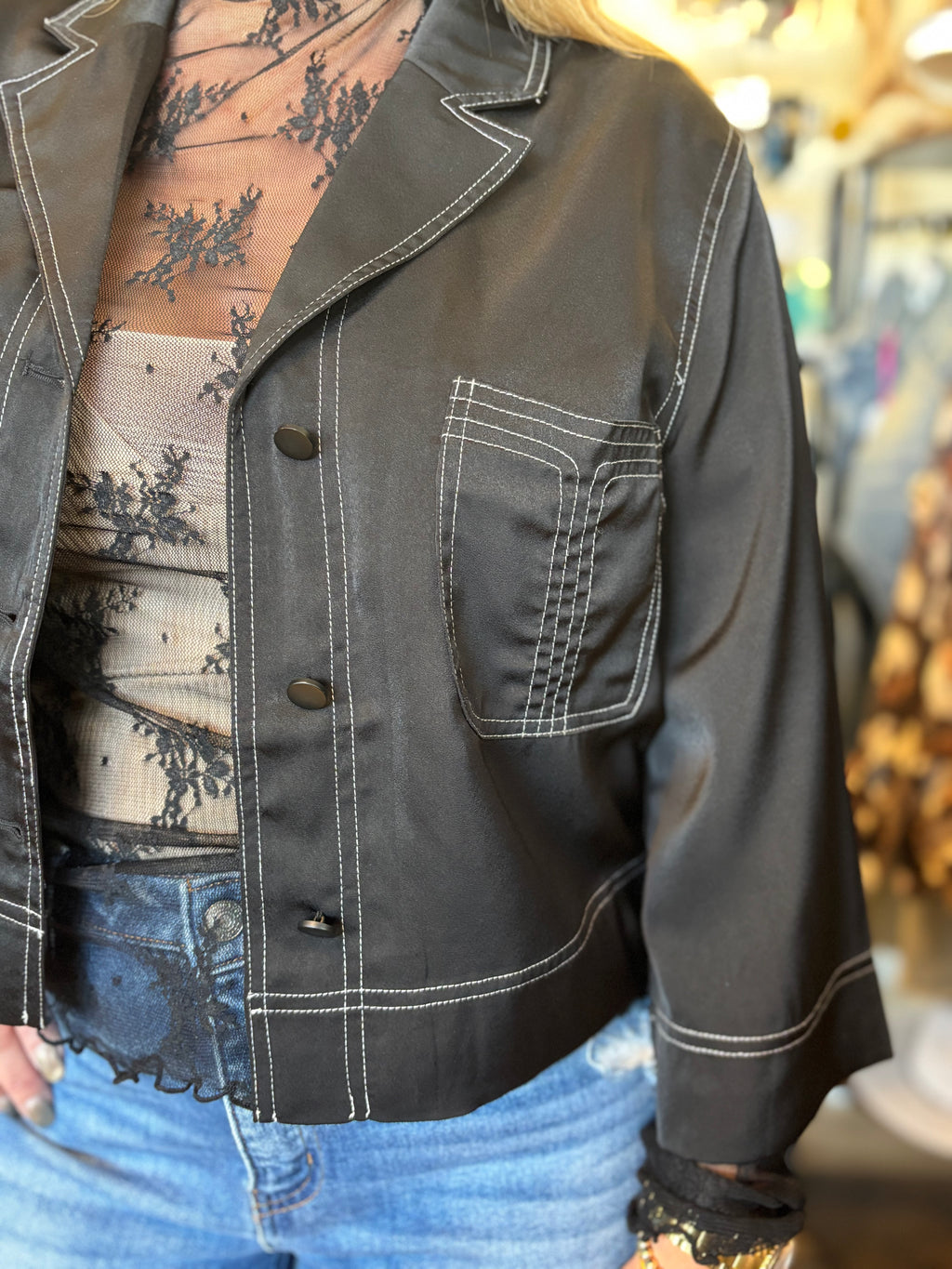 Demi Satin Button Down Jacket - Black with White Contrast