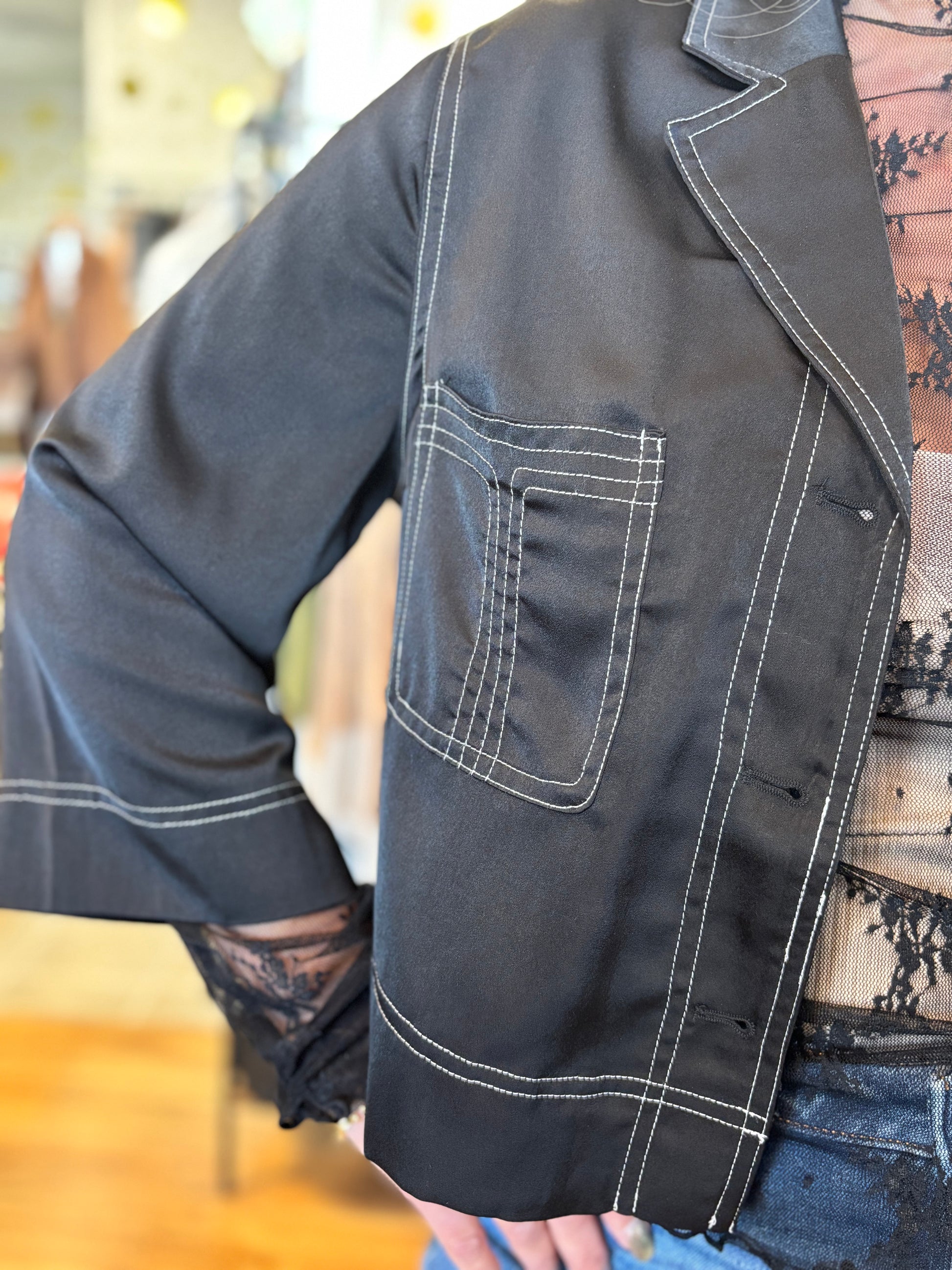 Demi Satin Button Down Jacket - Black with White Contrast