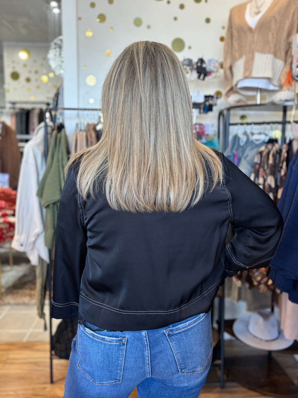 Demi Satin Button Down Jacket - Black with White Contrast