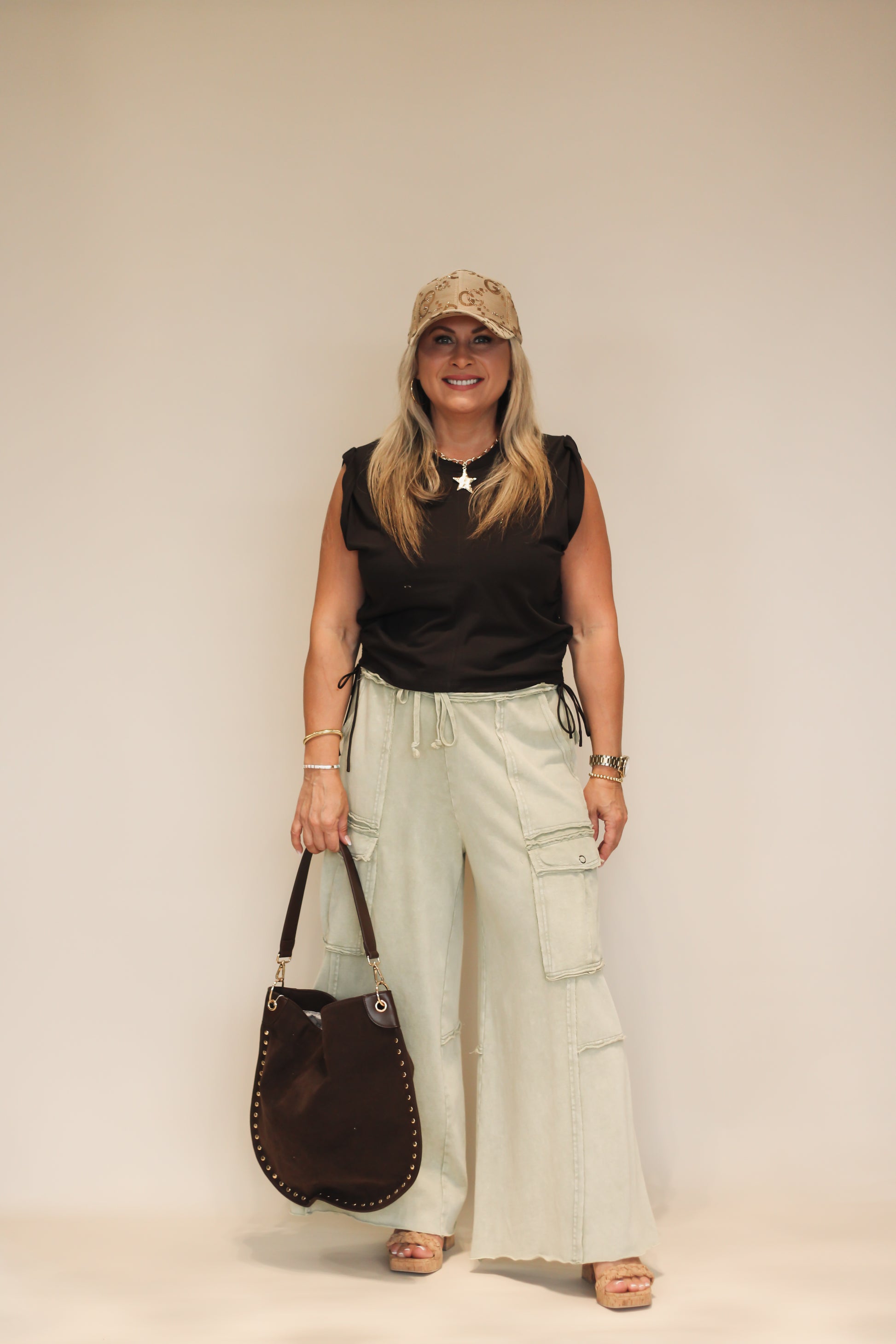 EASEL Washed Wide Leg Terry Cargo Pants