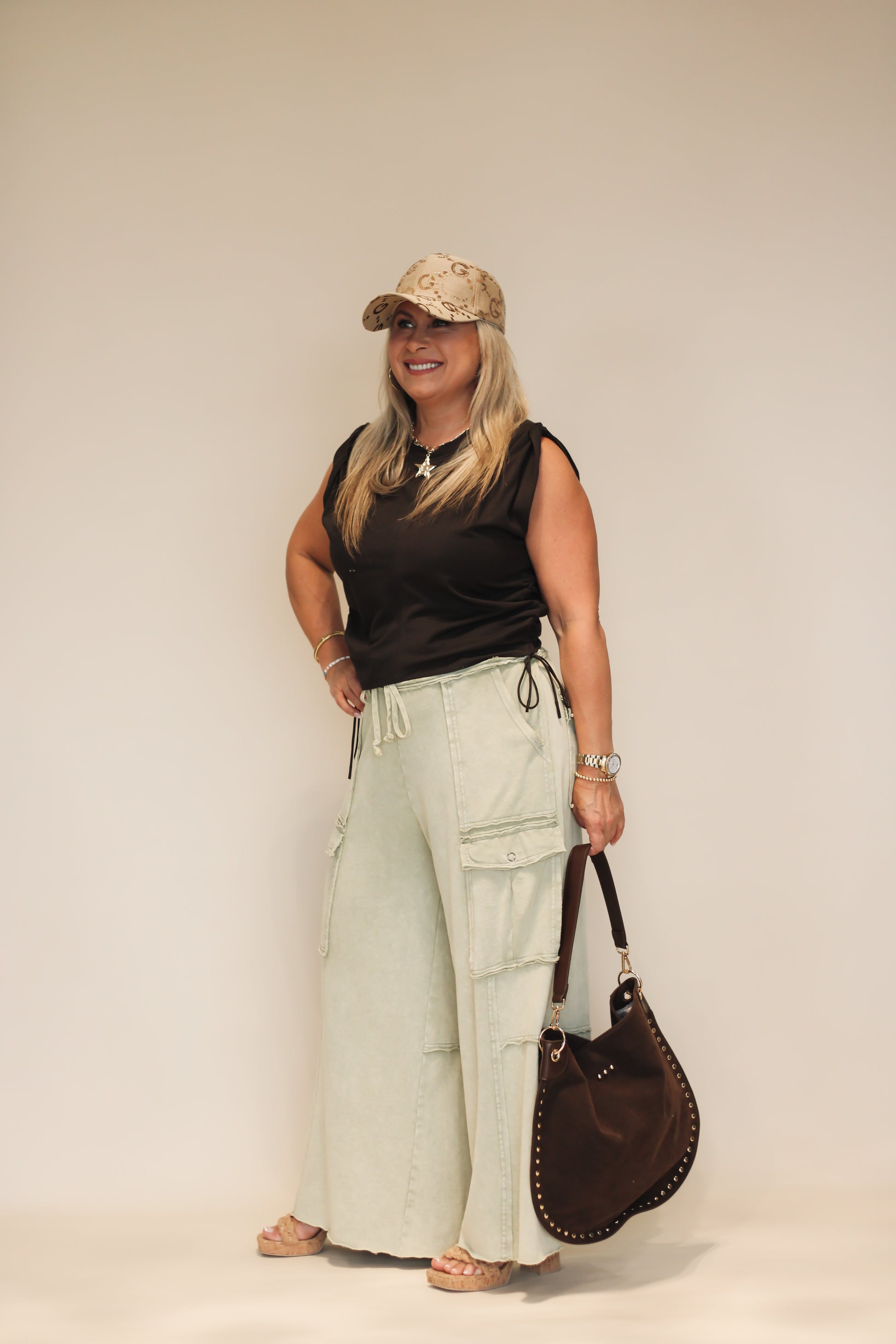 EASEL Washed Wide Leg Terry Cargo Pants